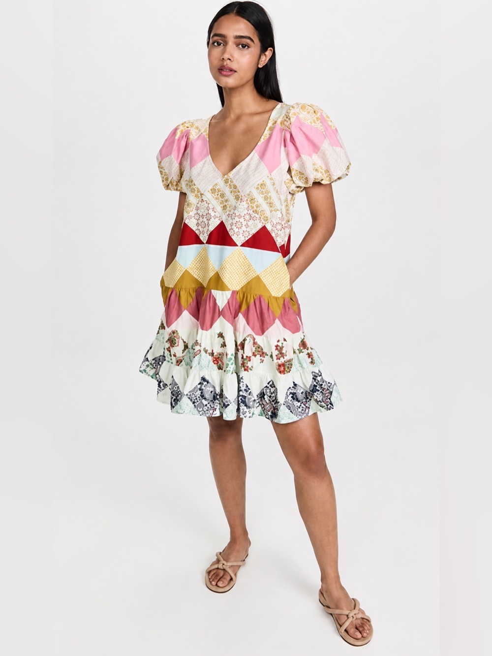 Love The Label Patchwork Puff Sleeve Mini Colorful Dress XS Cottagecore Cotton